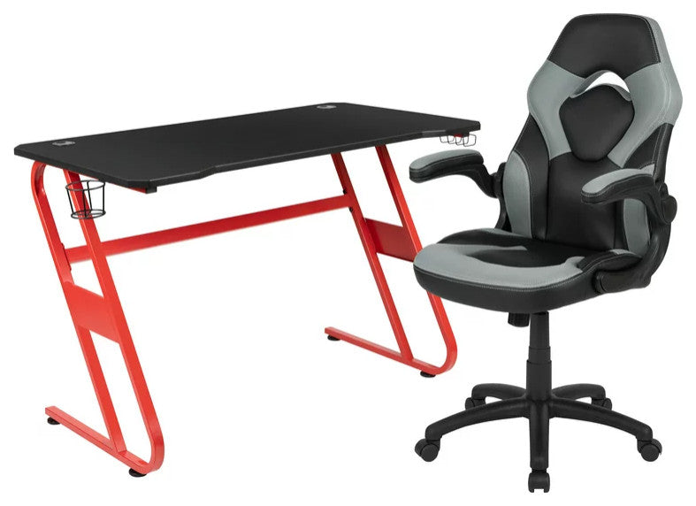 Gaming Desk & Chair Bundle, Detachable Cup Holder & PU Leather Seat, Gray
