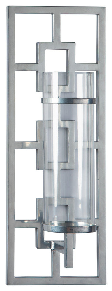 22" Geometric Metal Wall Scone With Glass Hurricane, Silver