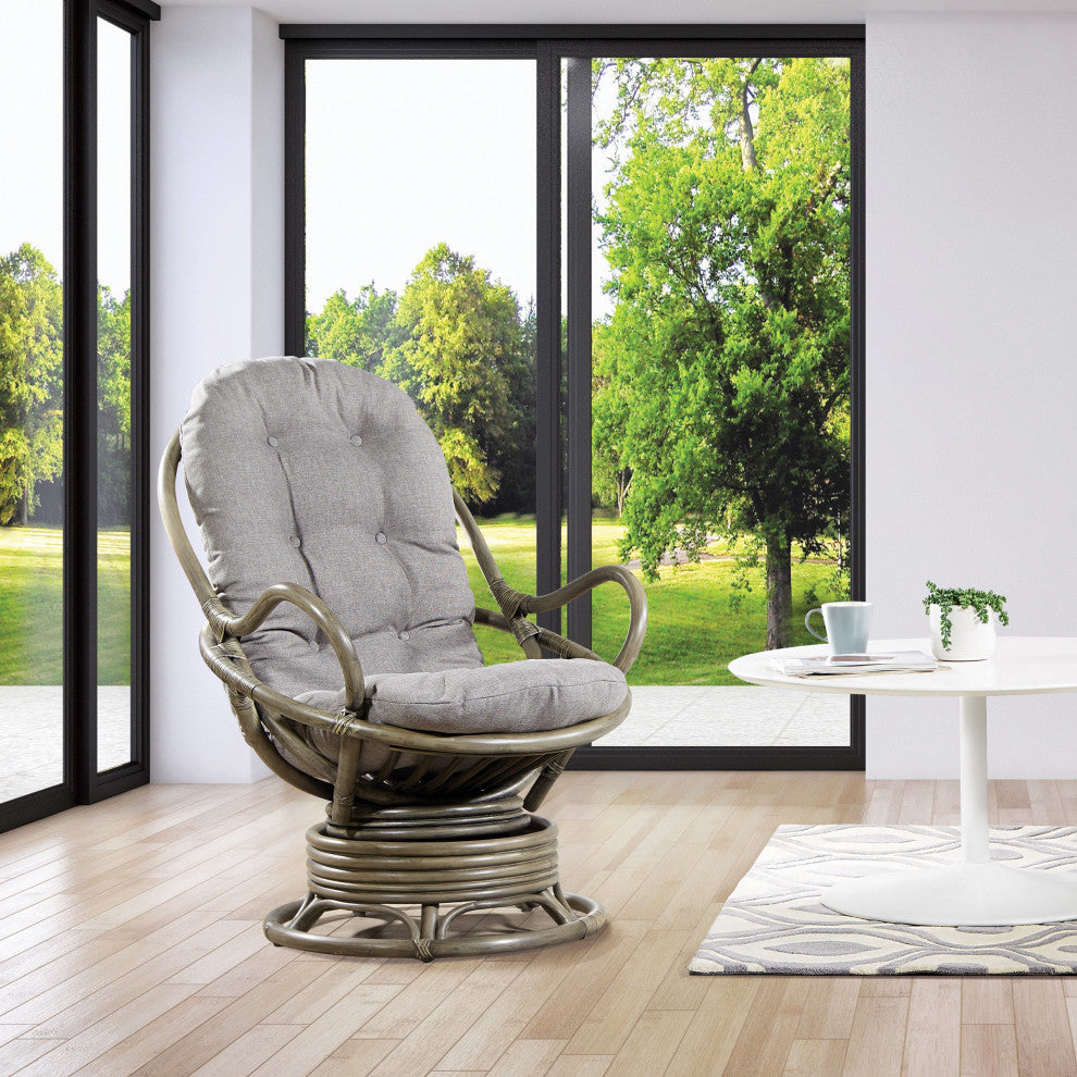 Tahiti Rattan Swivel Rocker Chair, Gray Fabric With Gray Frame