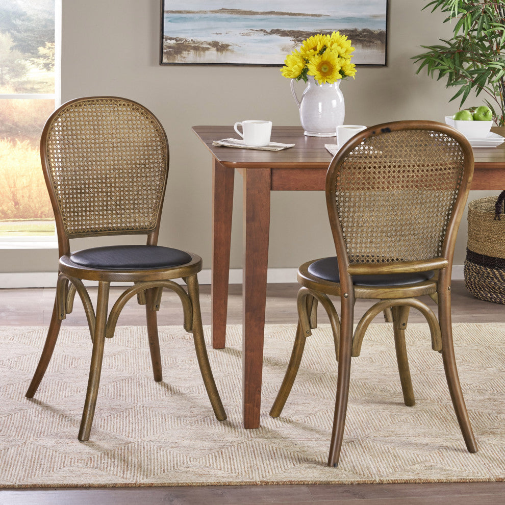 Cano Beech Wood and Rattan Dining Chair With Faux Leather Cushion, Set of 2, Natural Finish/Black