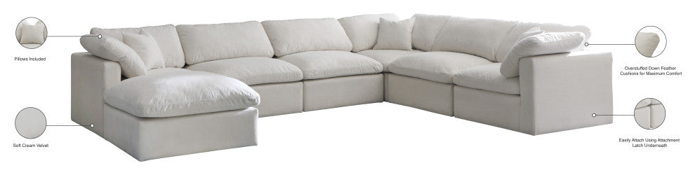 Plush Velvet / Down Standard Comfort 7-Piece U-Shaped Modular Sectional, Cream
