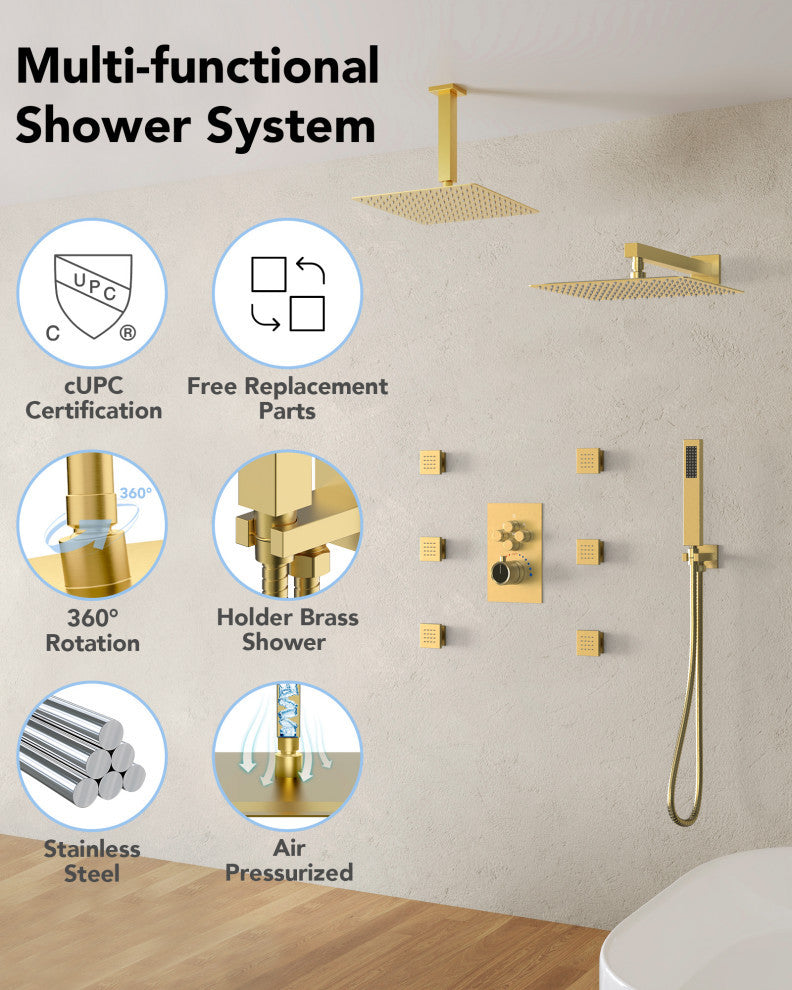 Thermostatic Shower System 12" Dual Shower Heads with Body Jet, Brushed Gold