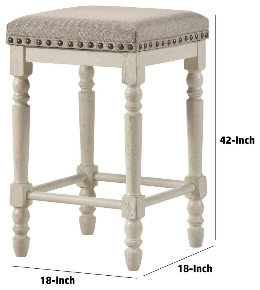 Benzara BM280303 24" Counter Height Stool Nailhead Trim Set of 2, Antique White