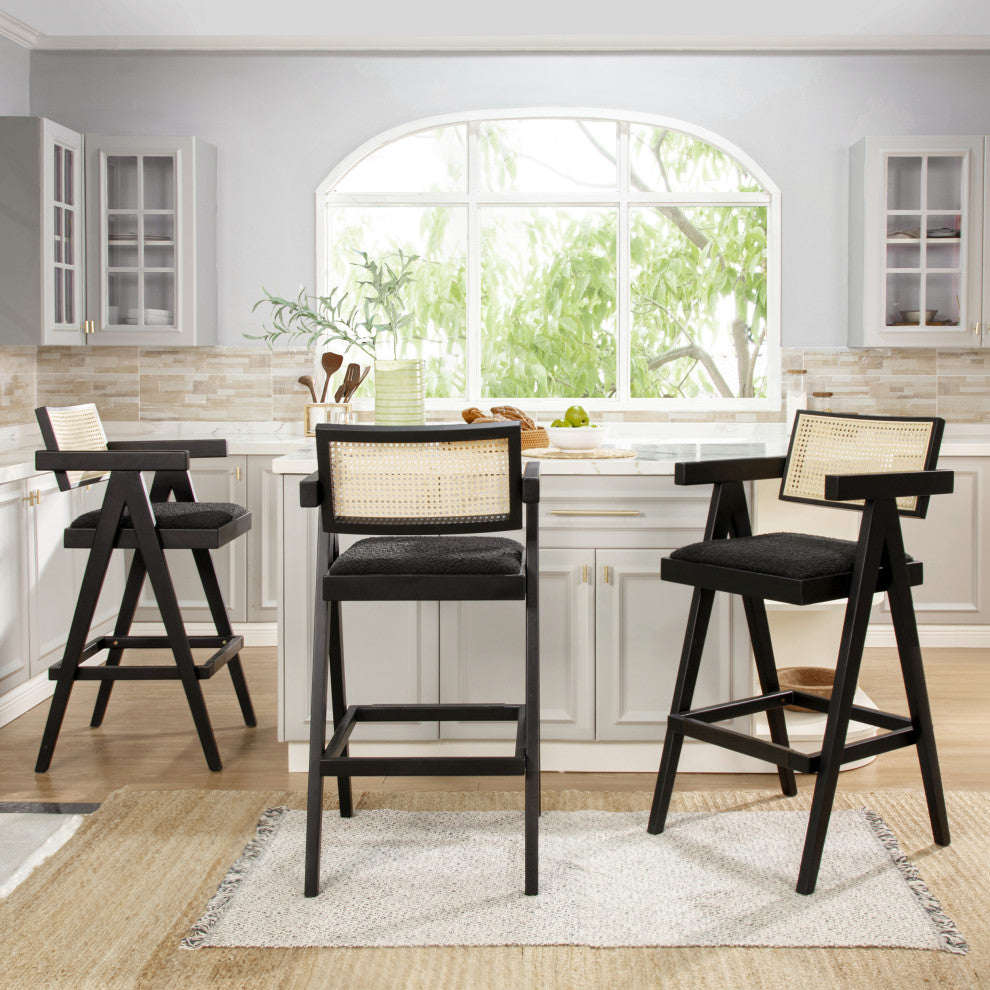 Milan 29.5" Mid-Century Modern Resin Webbing Set of 3 Bar Stool, Ebony Black