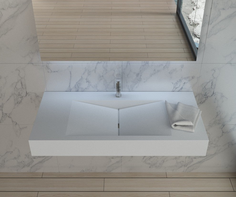 ADM Rectangular Ramped Wall Mounted Sink, White, 39", Matte White