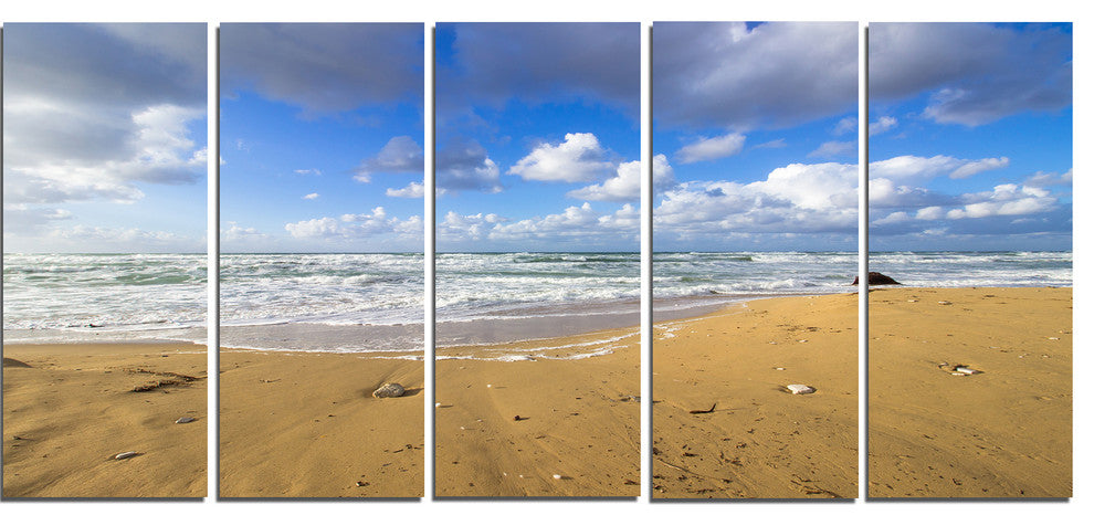 "Sea Beach On Cloudy Winter Day" Seashore Canvas Print, 5 Panels, 60"x28"