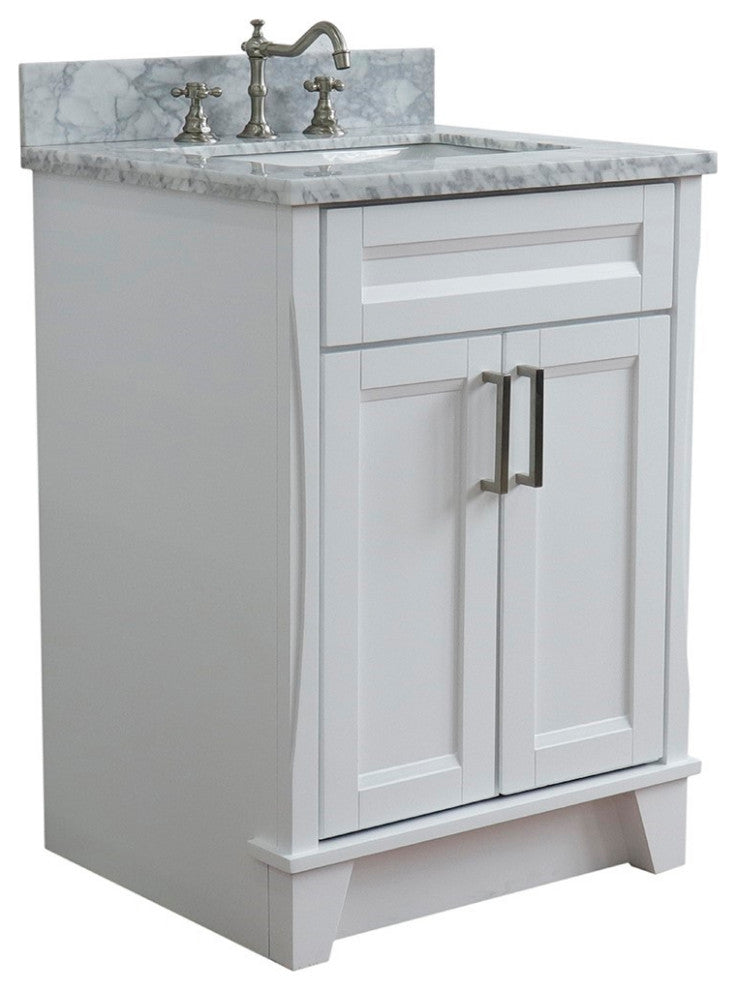 25" Single Sink Vanity, White Finish With White Carrara Marble
