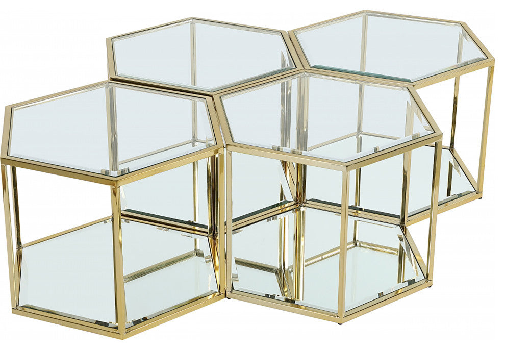 Sei Glass Top Coffee Table With Mirrored Base, Gold, 4-Piece