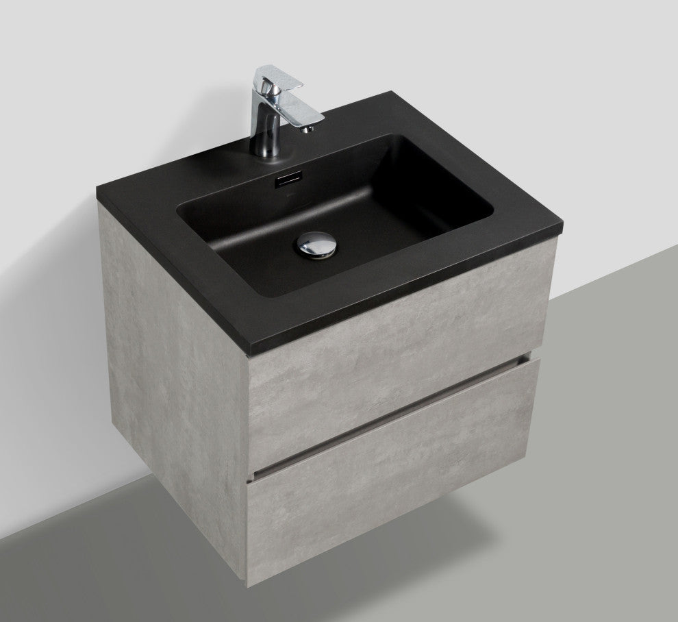 Alma-Edi Cement Grey Wall Mounte Vanity With Black Sink, 24"