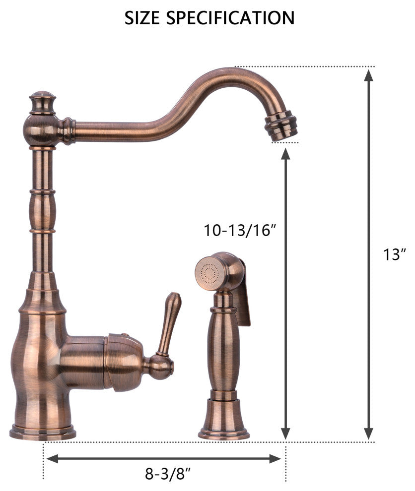 One-Handle Copper Widespread Kitchen Faucet with Side Sprayer, Antique Copper