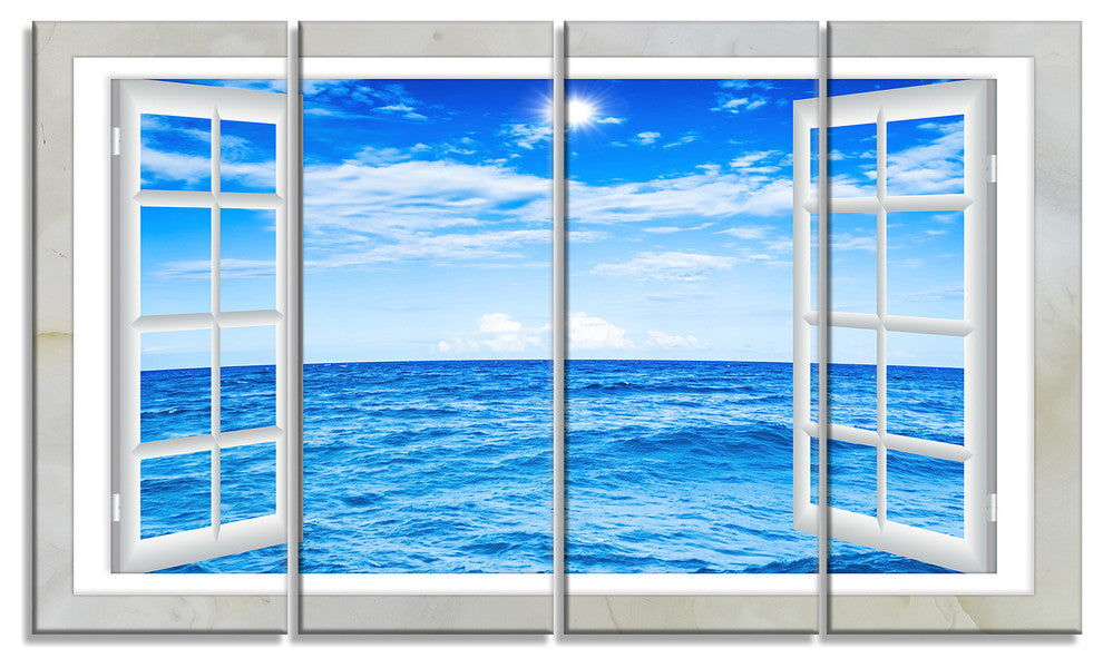 "Window Open To Blue Wavy Ocean" Seashore Wall Art, 4 Panels, 48"x28"