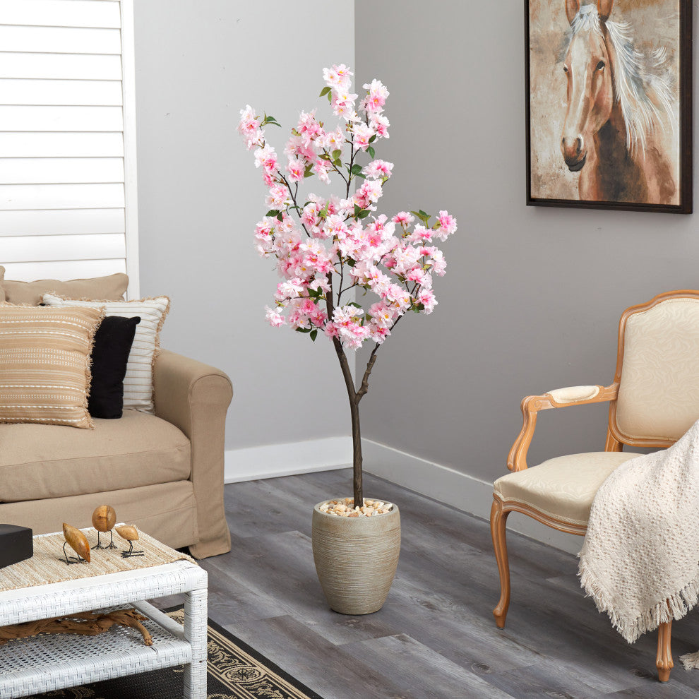 5.5' Cherry Blossom Artificial Tree, Sand Colored Planter