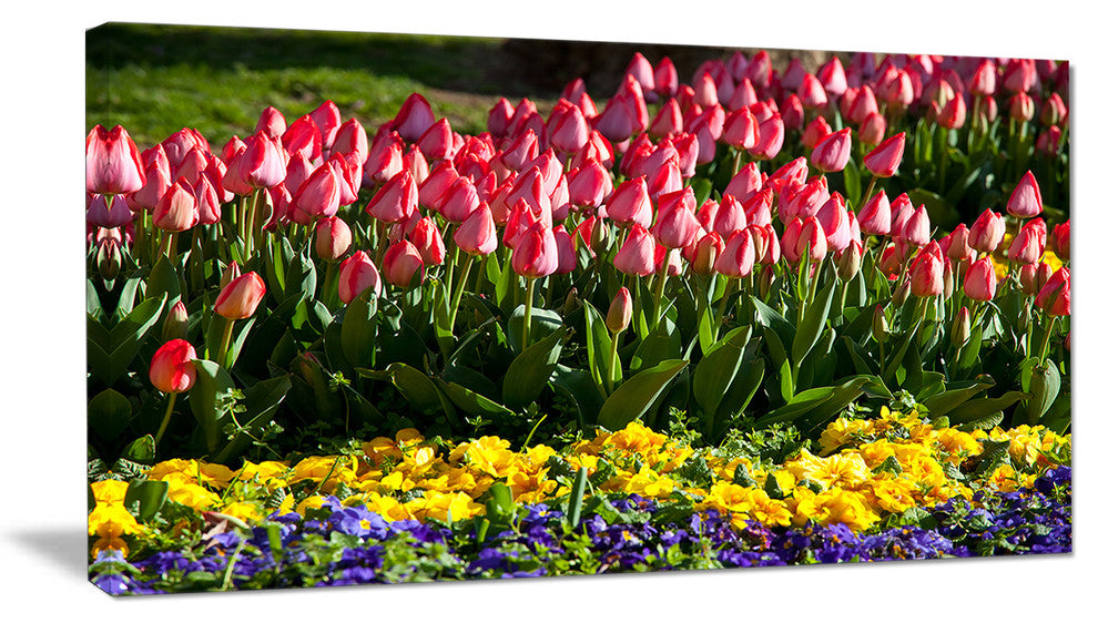 Red Tulips with Yellow Purple Flowers, Large Flower Canvas Art Print, 32"x16"