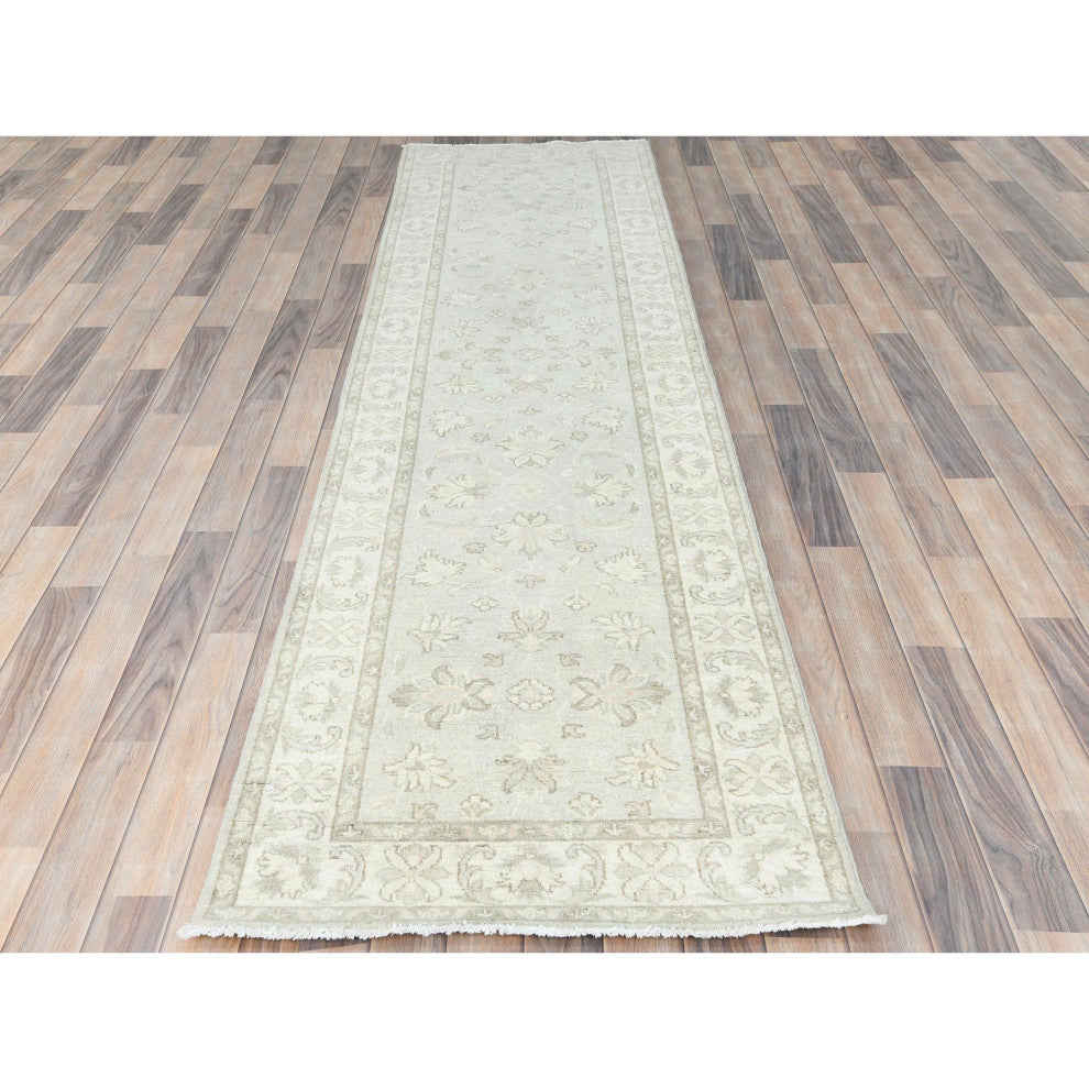 White Dove Afghan Stone Washed Peshawar Wool Hand Knotted Runner Rug 2'8"x9'9"