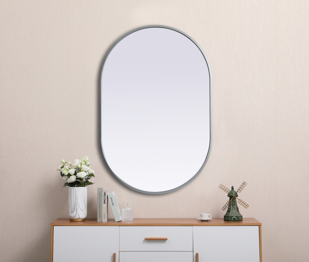 Metal Frame Oval Mirror 24X36 Inch, Silver