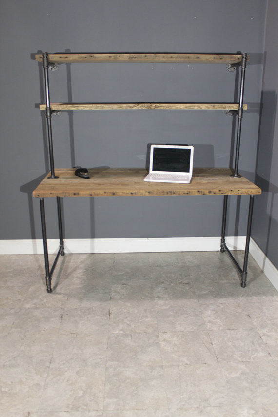 Reclaimed Wood Desk, 2 Shelves, Wall Attach, Raw, 60"x36"