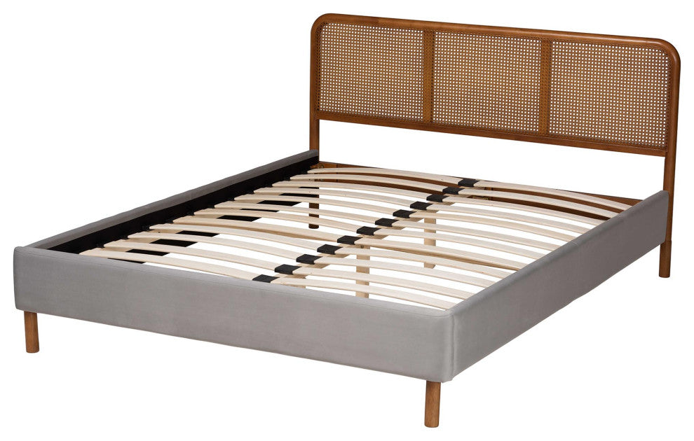 Fay Light Grey Velvet Queen Size Platform Bed