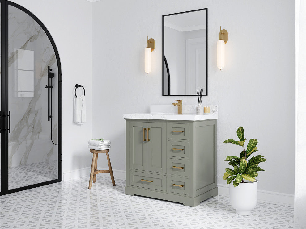 Boston 36 Center Sink Bath Vanity in Evergreen 2" White Quartz
