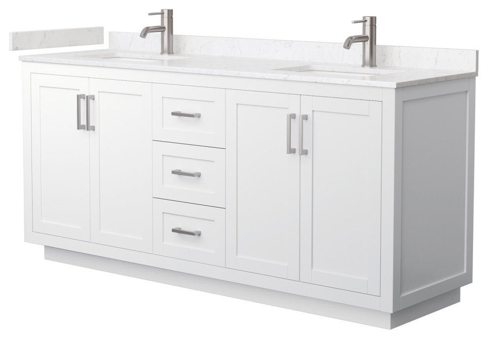 72"DBL Vanity White, Light-Vein Carrara Cult. Marble Top, Sinks, Nickel Trim