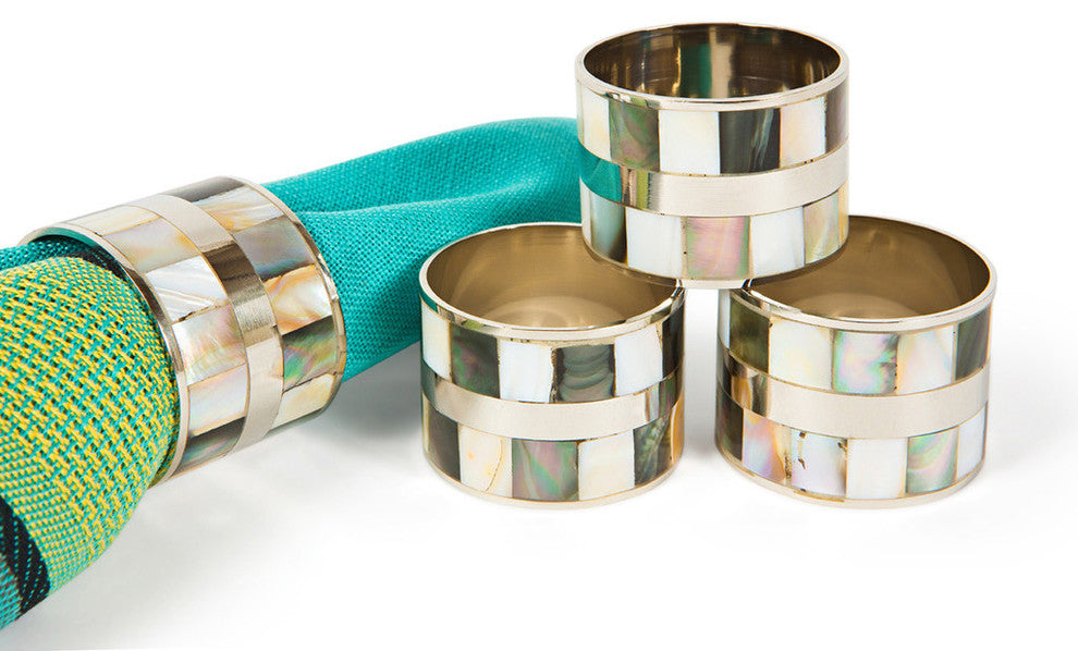 Black and White Mother of Pearl Elegant Metal Napkin Rings, Set of 4