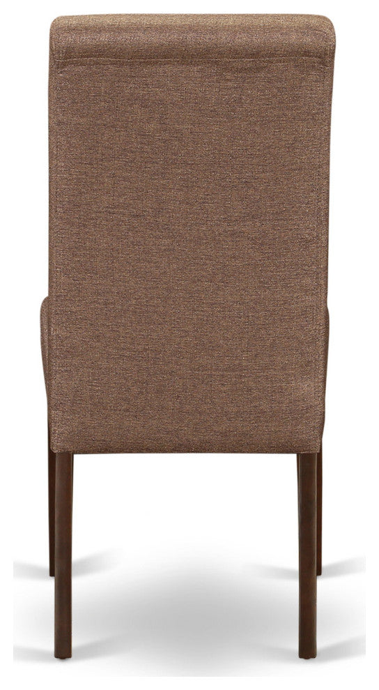 3Pc Small Round Table, Linen Brown Fabric Dining Chairs, Mahogany Chair Legs