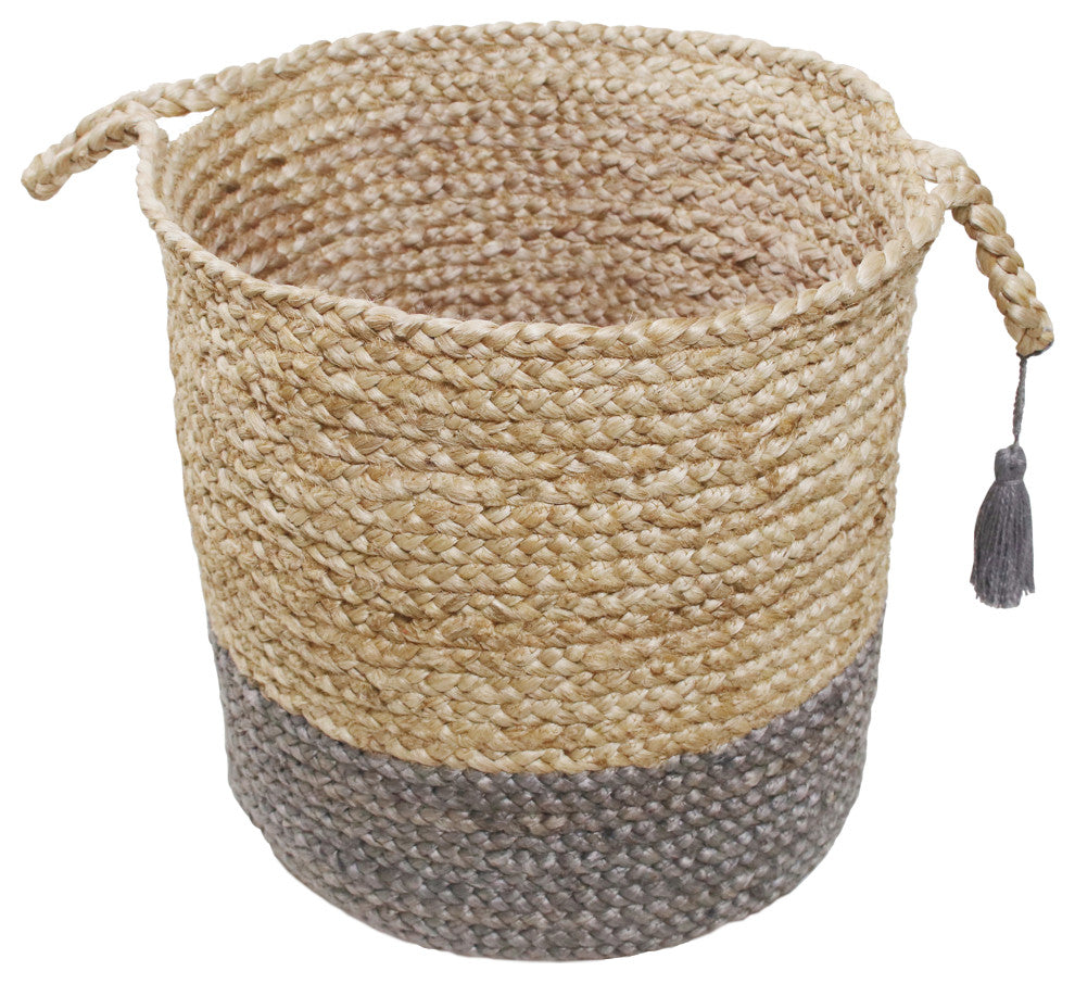 Two-Tone Natural Jute Woven Decorative Basket with Handles, Frost Gray, 17"