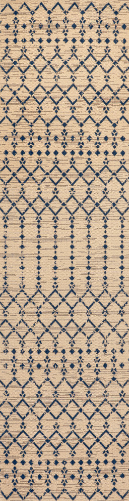 Ourika Moroccan Geometric Indoor/Outdoor Rug, Beige/Navy, 2x10