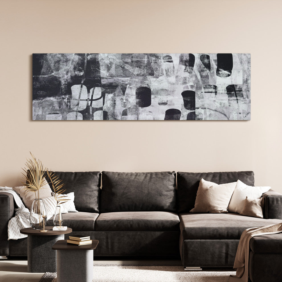 Monochrome Abstract Panel I Black Art on Silver Shagreen Wrapped Canvas Wall Art