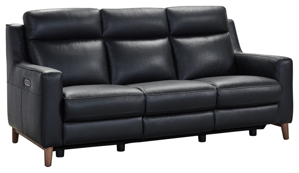 Wisteria Contemporary Sofa In Light Brown Wood Finish And Black Genuine Leather