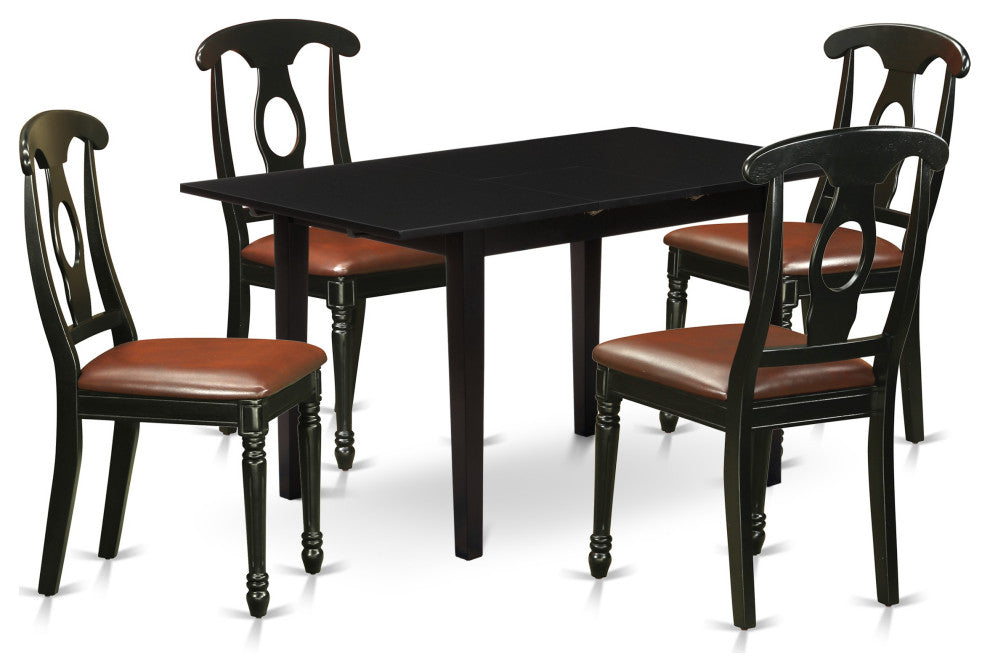5-Pc Dining Set 4 Chairs, Faux Leather Seat, Table, Butterfly Leaf Top, Black
