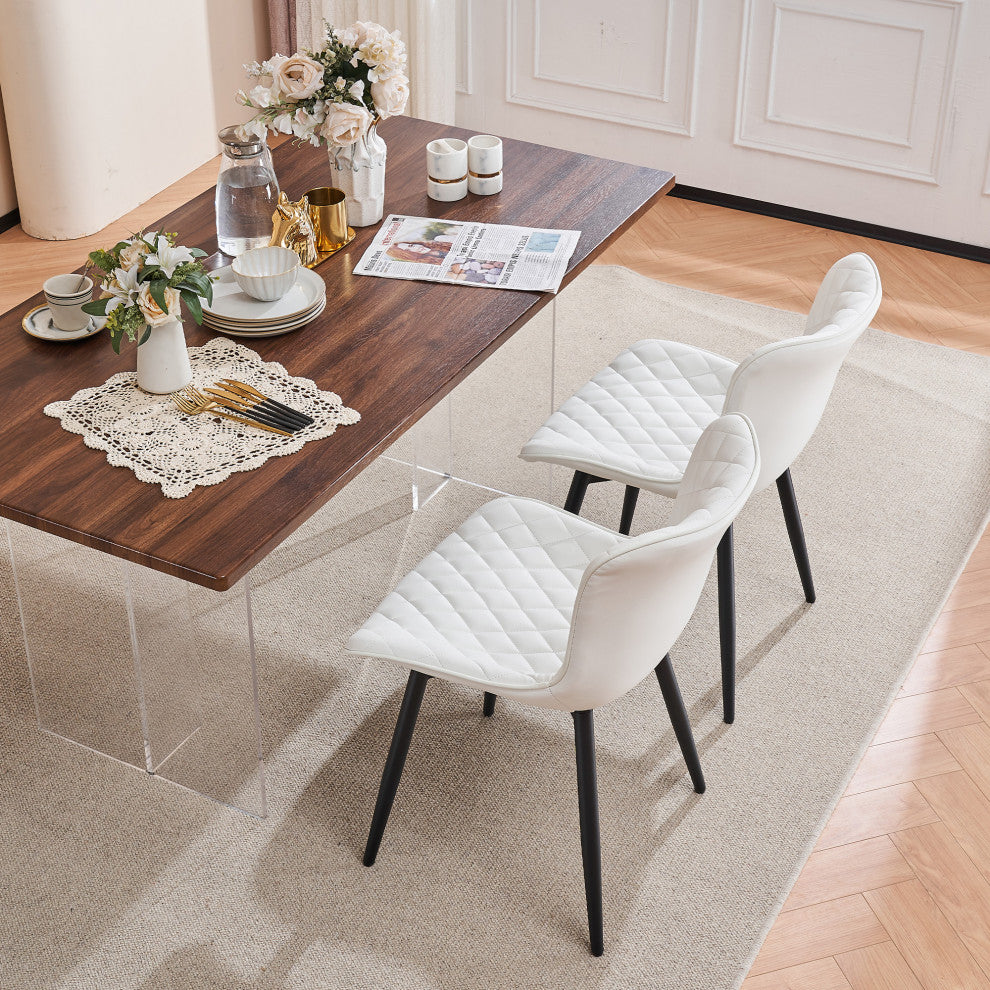 Younike Faux Leather Dining Chair, Diamond Pattern Set of 2, White