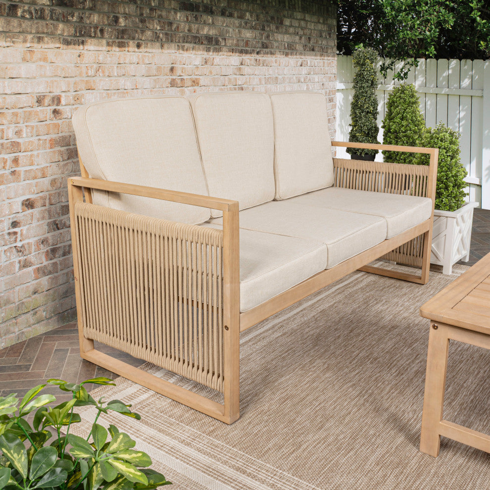 Gable 3-Seat Mid-Century Modern Roped Acacia Wood Outdoor Sofa With Cushions