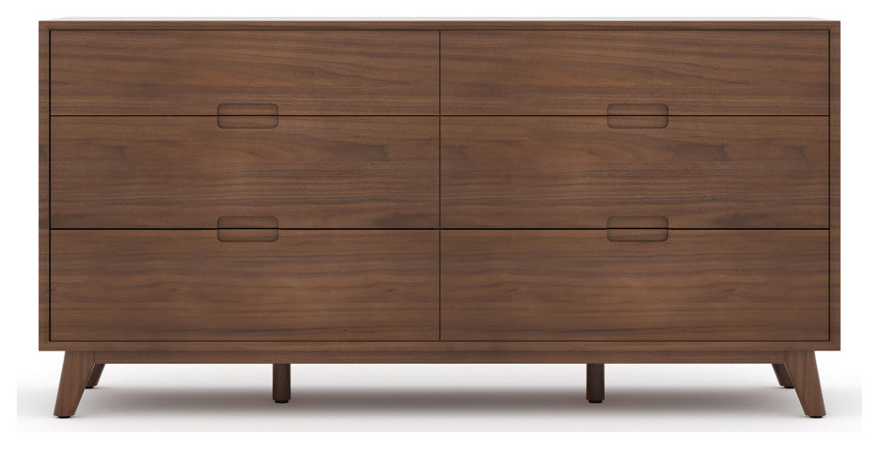 Modern Double Dresser With Groove Handles, Walnut Stain