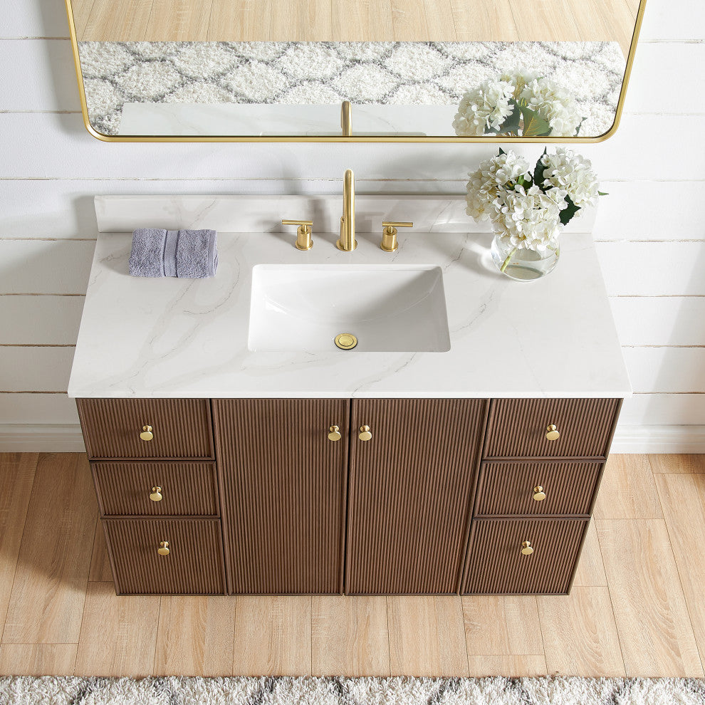 Oza Bath Vanity with Quartz Stone Top, Aged Dark Brown Oak, 48", Single Vanity, With Mirror