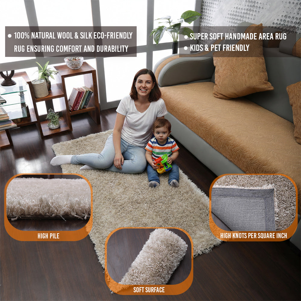 HAND TUFTED SHAG POLYESTER ECO-FRIENDLY AREA RUGS, Ivory Color, Solid Design