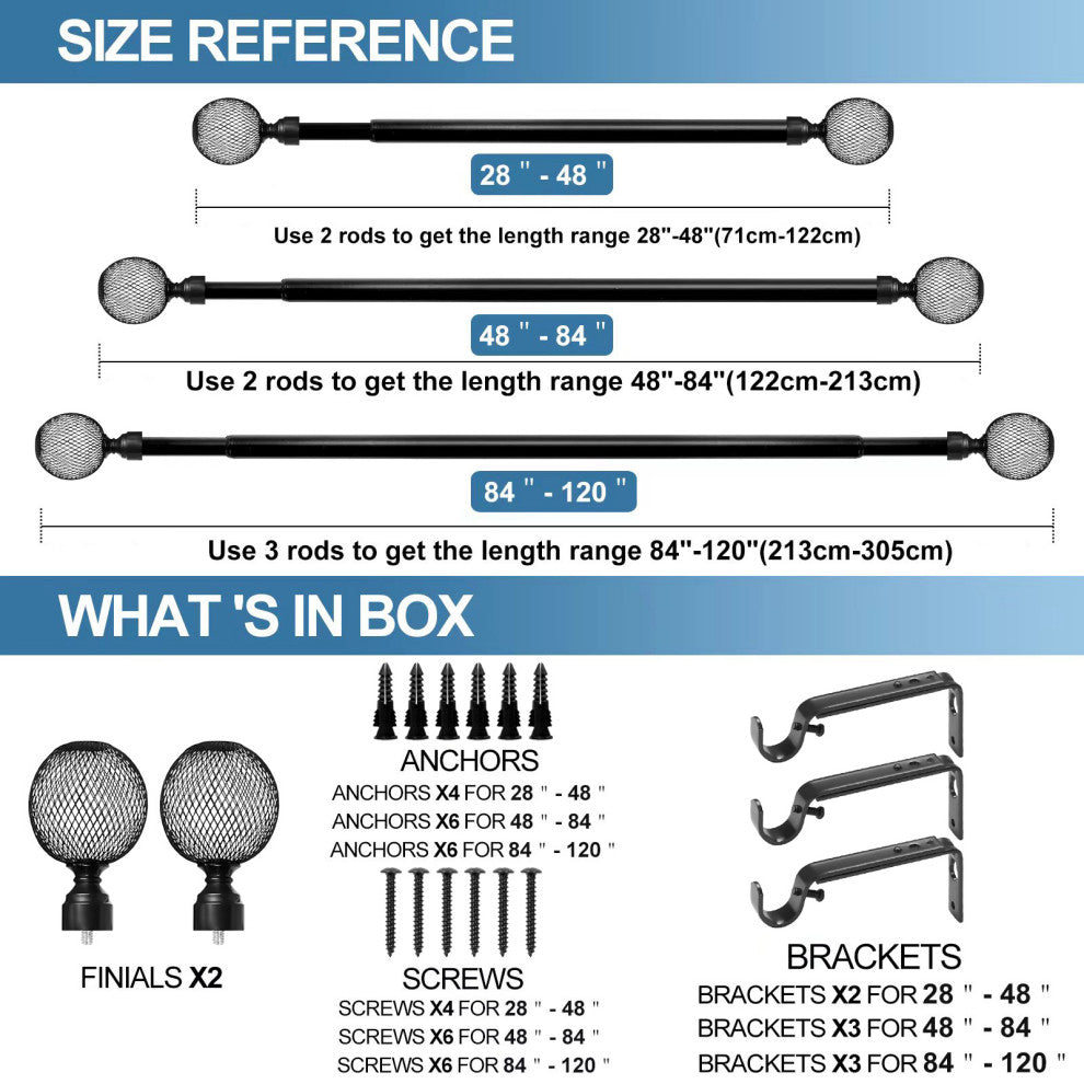 1" Columbia Adjustable Curtain Rod, Black, 84"-120"