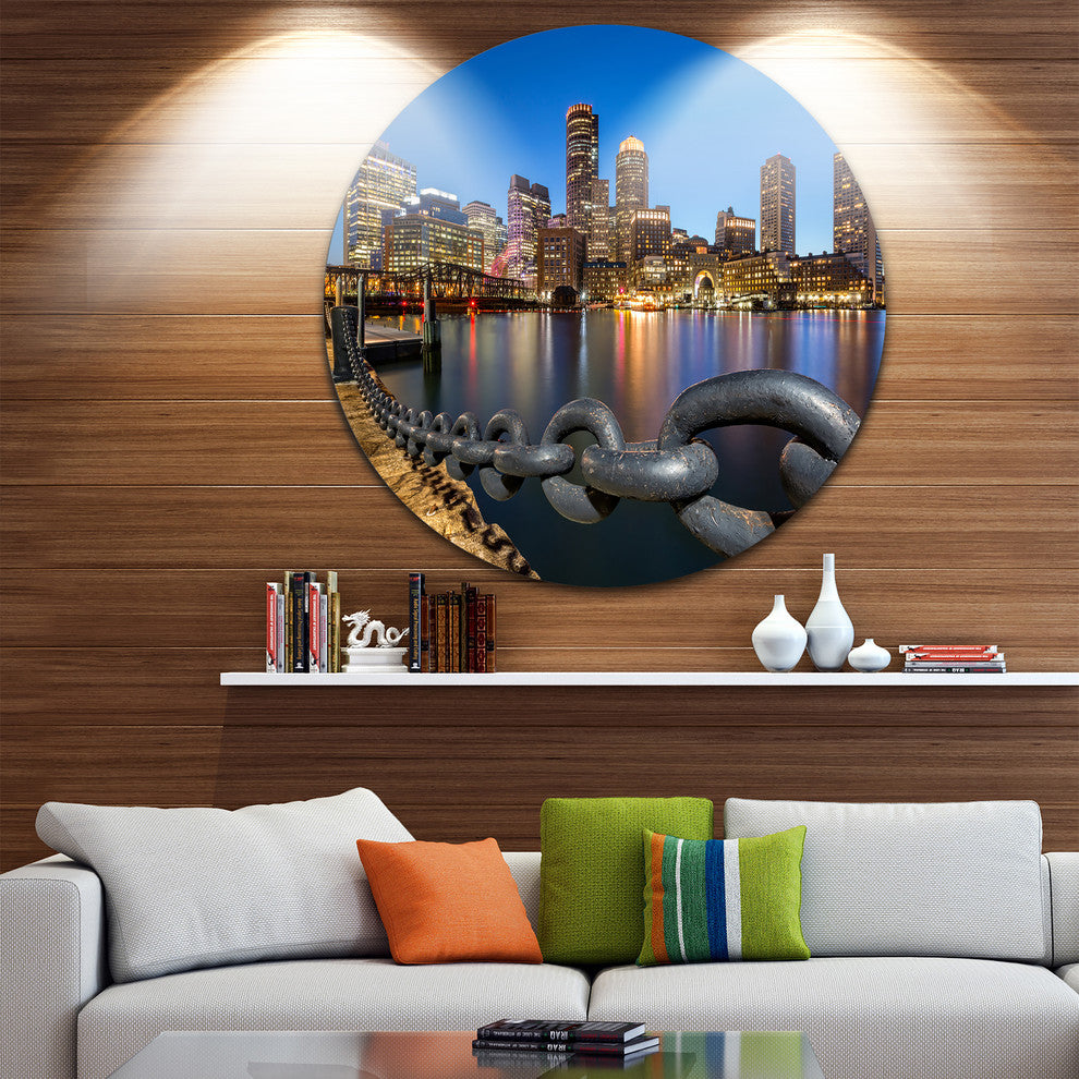 Boston Skyline At Dusk, Cityscape Photo Large Disc Metal Wall Art, 11"