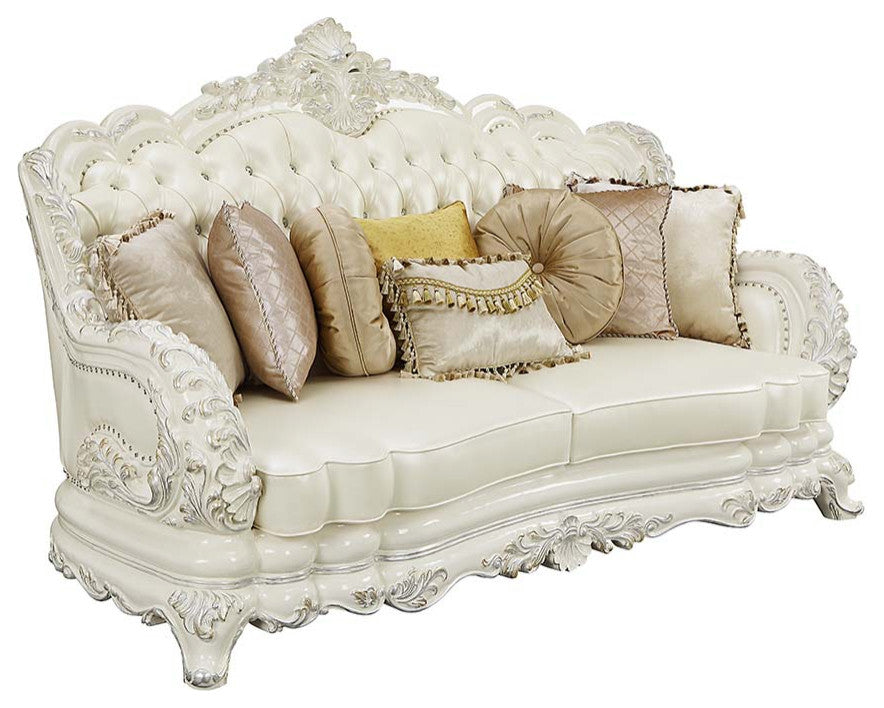 Acme Adara Sofa With 7 Pillows White PU and Antique White Finish