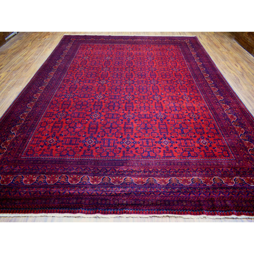 Red Hand Knotted Soft Shiny Wool Afghan Khamyab Geometric Design Rug, 10'x12'10"