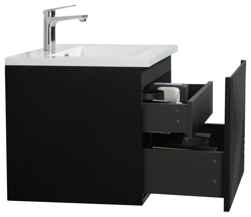 Matte Black Wall Mount Bath Vanity, Integrated Sink, White Sink, 30"
