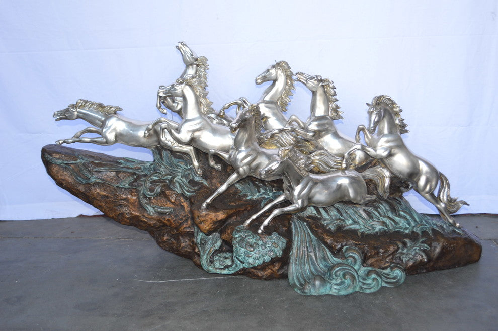 Eight Horses Running Bronze Statue Silver Finish
