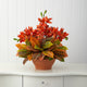 21" Cymbidium Orchid and Croton Artificial Arrangement, Terra Cotta Vase