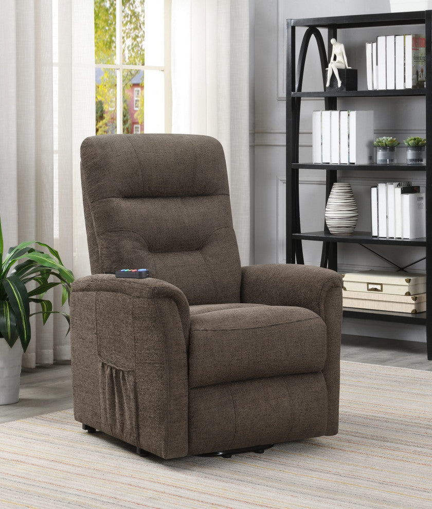 Coaster Henrietta Fabric Power Lift Recliner with Storage Pocket in Brown
