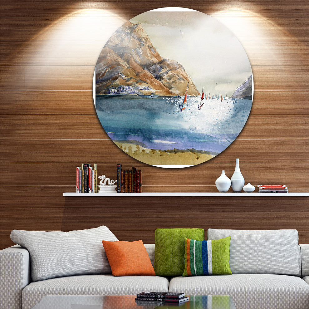 Mountains In Sea, Seascape Disc Metal Wall Art, 23"