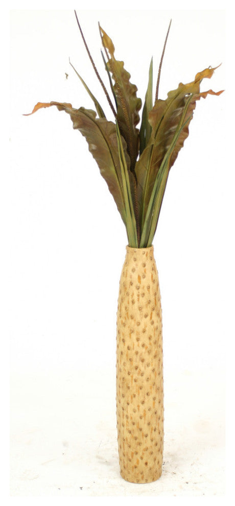 Green-Brown Tropical Leaves, Seeded Branches in Cork-Finish Floor Vase