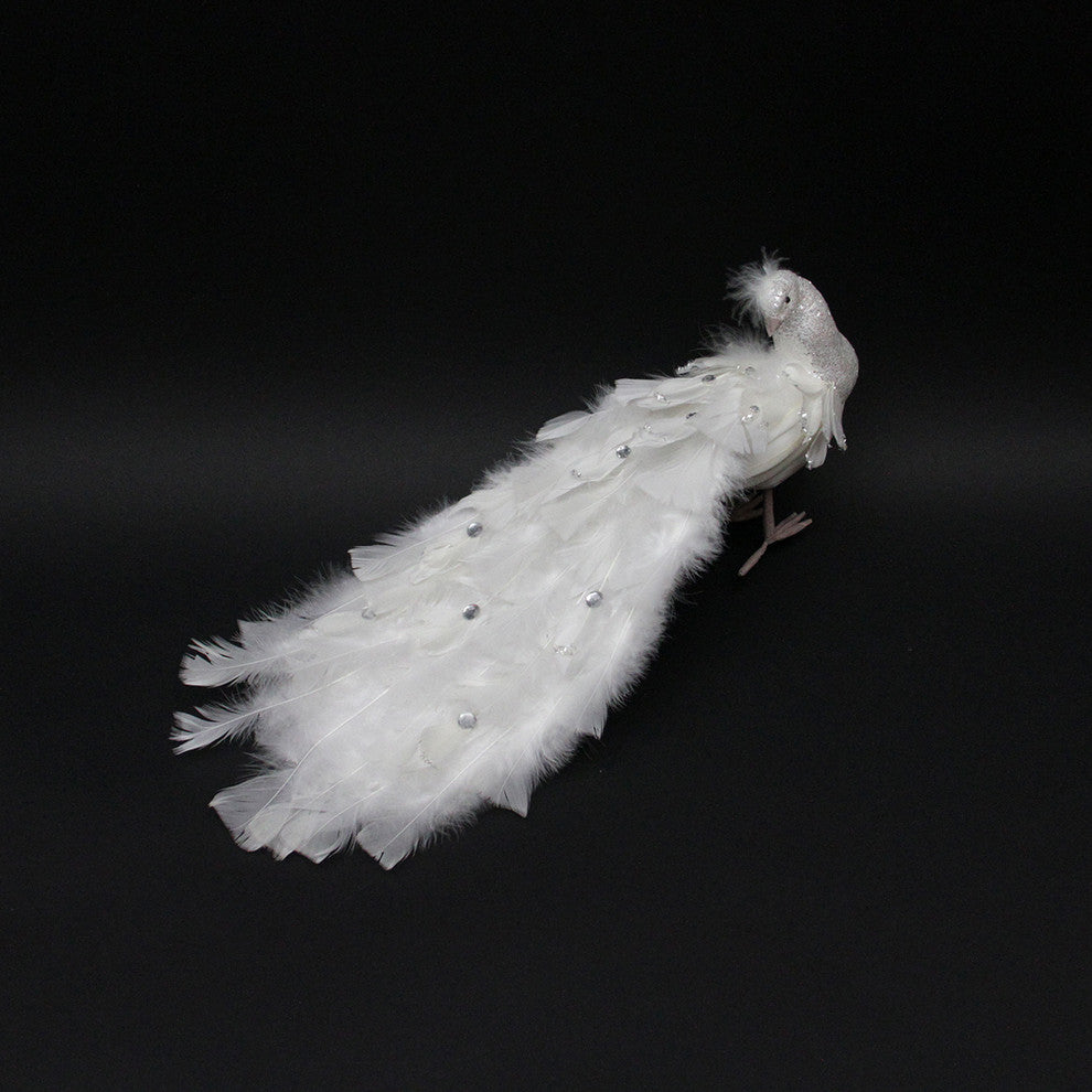 Regal Peacock Bird With Closed Tail Feathers Christmas Decoration, White, 19"