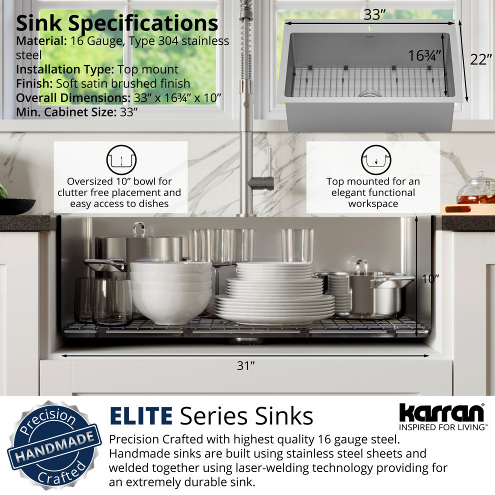 Karran 33" Top Mount Single Bowl Stainless Steel Kitchen Sink Kit