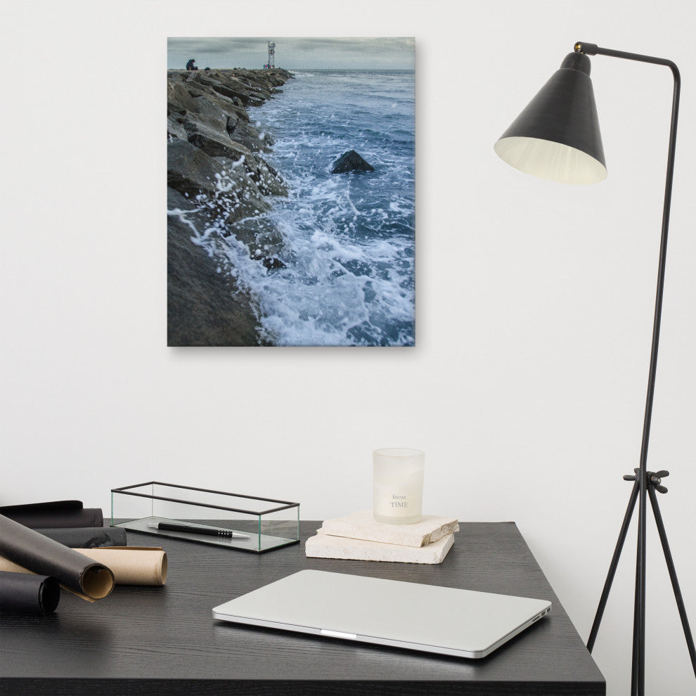 Splashing on the Jetty Coastal Landscape Photo Canvas Wall Art Print, 16" X 20"