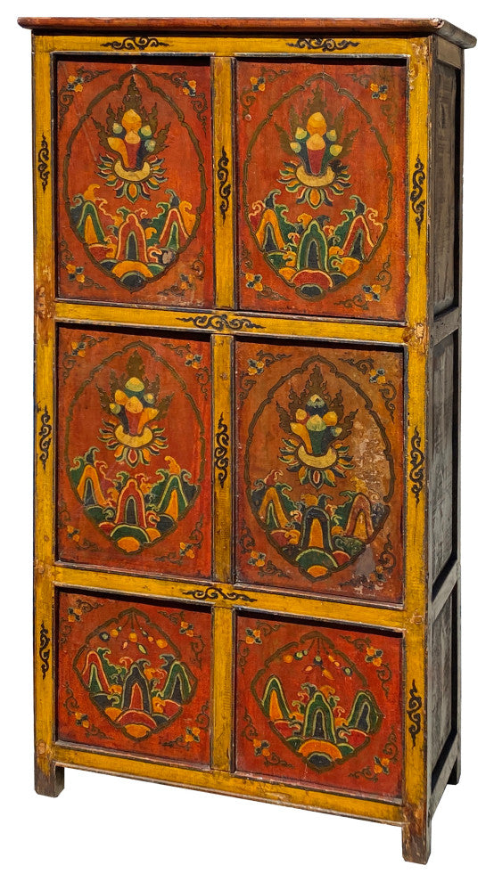 Vintage Chinese Tibetan Jewel Flower Graphic Tall Storage Cabinet Hcs7354
