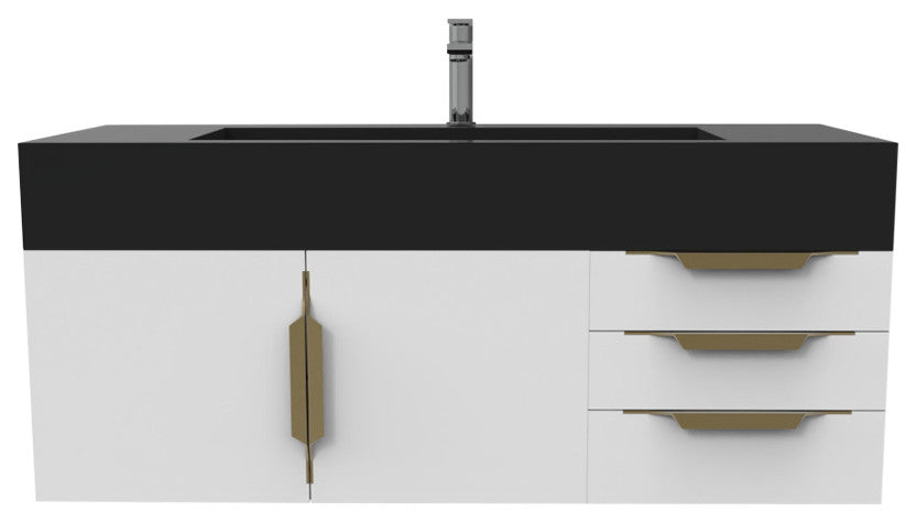 CastelloUSA Nile 48" Wall Mounted Vanity Set, White, Black Top, Gold Handles